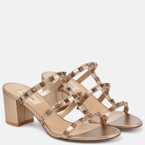 Valentino Garavani Caged Rockstud Sandals Gold Block Heels Size 39